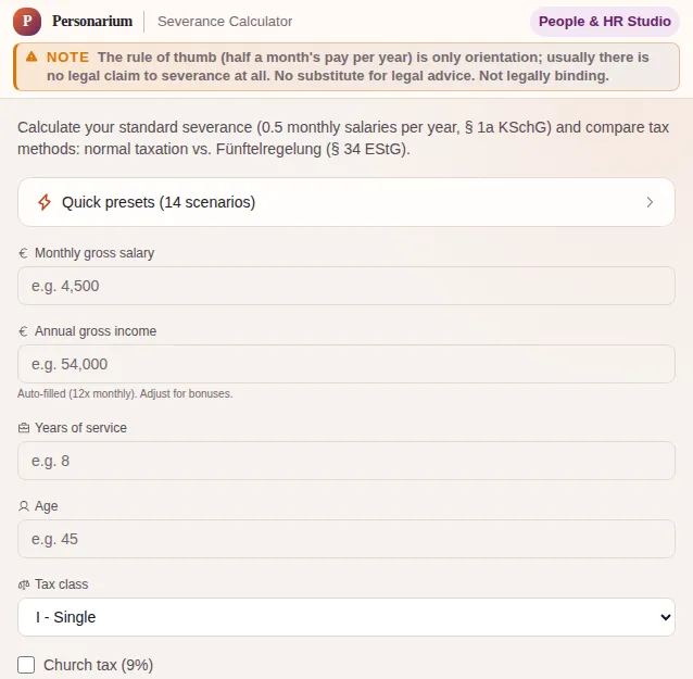 Severance Calculator: screenshot of the tool with sample data