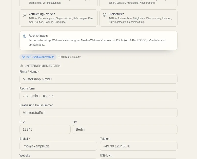 AGB Generator - Generatore di condizioni generali: schermata dello strumento con dati di esempio
