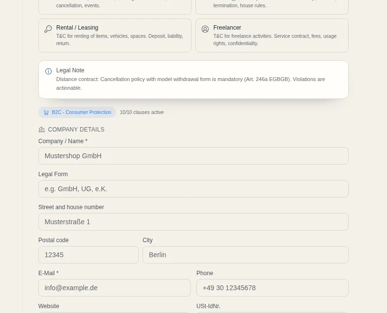 Terms & Conditions Generator: screenshot of the tool with sample data