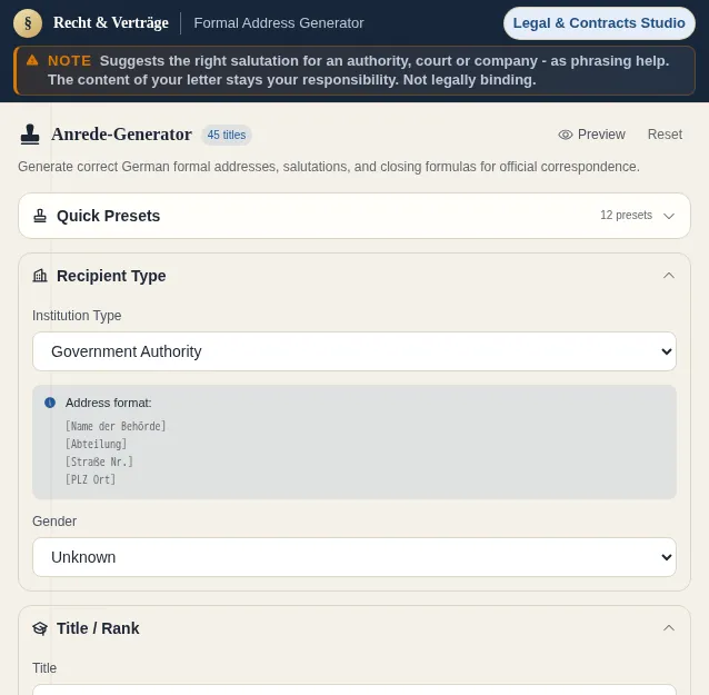 Formal Address Generator: screenshot of the tool with sample data