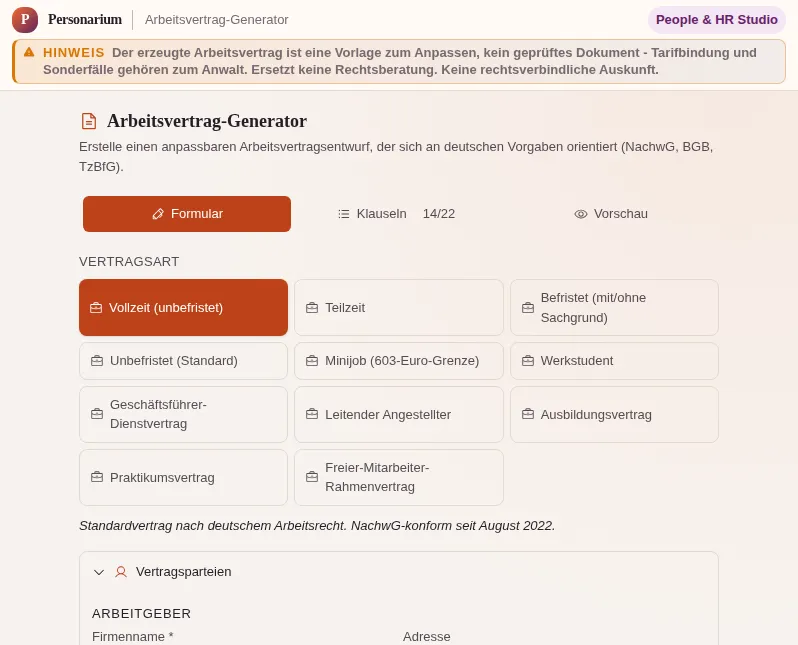 Arbeitsvertrag-Generator: Bildschirmfoto des Werkzeugs mit Beispieldaten