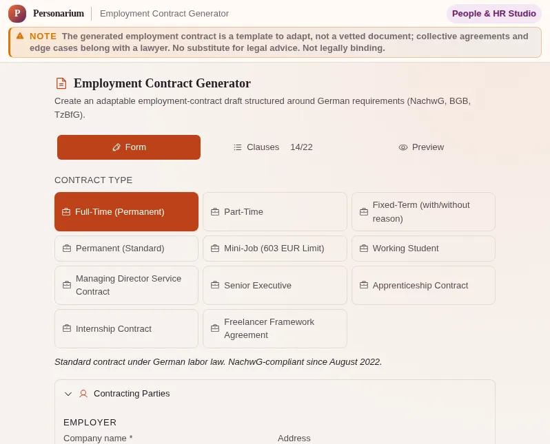 Employment Contract Generator: screenshot of the tool with sample data