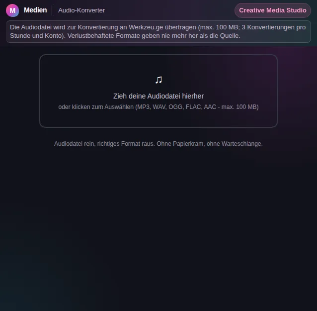Audio-Konverter - Convertitore di formati audio: schermata dello strumento con dati di esempio
