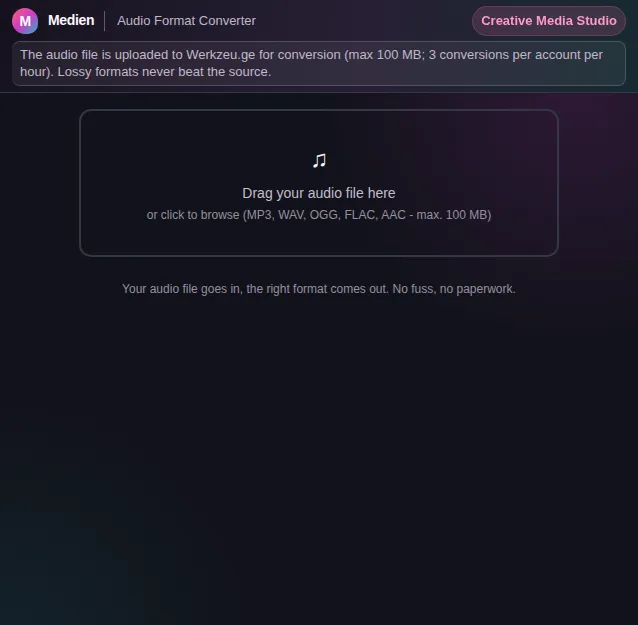Audio Format Converter: screenshot of the tool with sample data