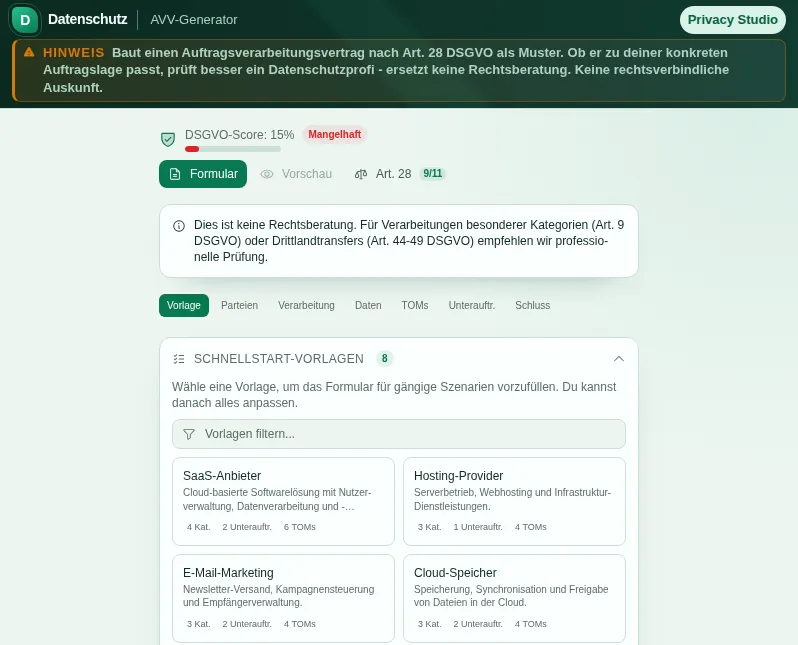 AVV-Generator: Bildschirmfoto des Werkzeugs mit Beispieldaten