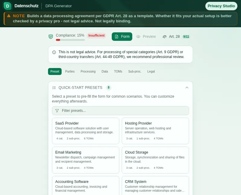 DPA Generator: screenshot of the tool with sample data