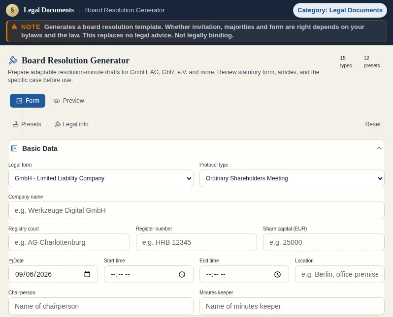 Board Resolution Generator: screenshot of the tool with sample data