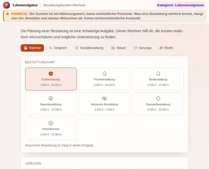 Bestattungskosten-Rechner: zrzut ekranu narzędzia z danymi przykładowymi