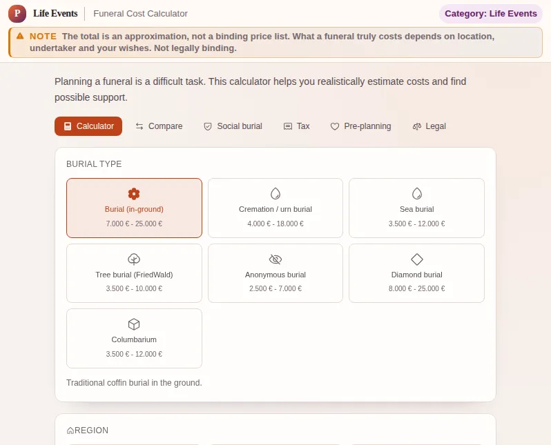 Funeral Cost Calculator: screenshot of the tool with sample data