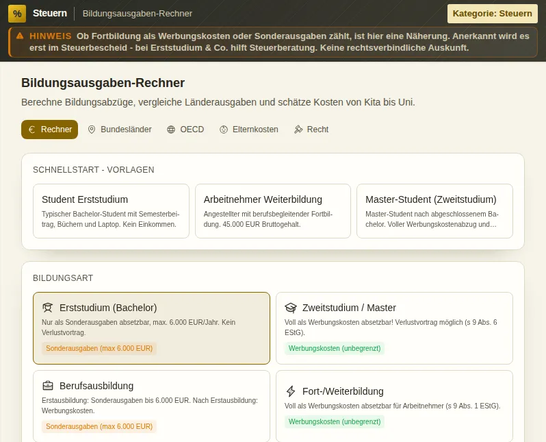Bildungsausgaben-Rechner - Calcolatore delle spese per la formazione: schermata dello strumento con dati di esempio