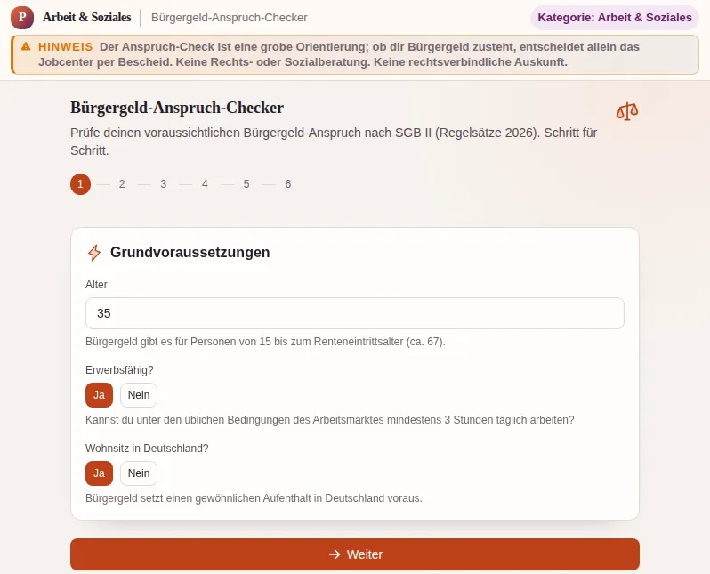 Bürgergeld-Anspruch-Checker: Bildschirmfoto des Werkzeugs mit Beispieldaten