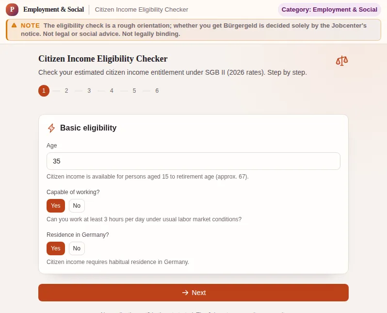Citizen Income Eligibility Checker: screenshot of the tool with sample data