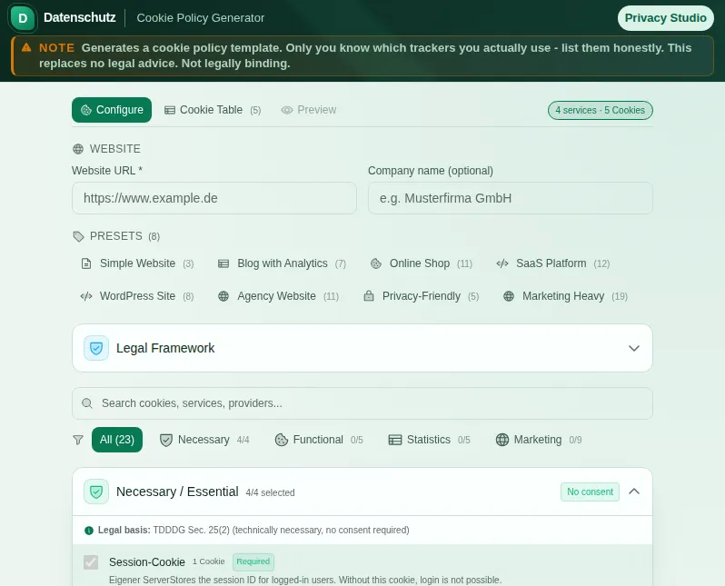 Cookie Policy Generator: screenshot of the tool with sample data