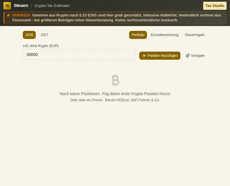 Crypto-Tax Estimator - Stima dell'imposta sulle criptovalute: schermata dello strumento con dati di esempio