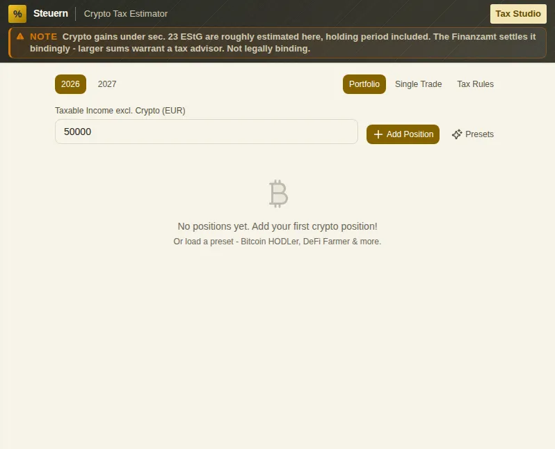 Crypto Tax Estimator: screenshot of the tool with sample data