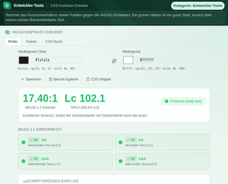 CSS-Kontrast-Checker: zrzut ekranu narzędzia z danymi przykładowymi