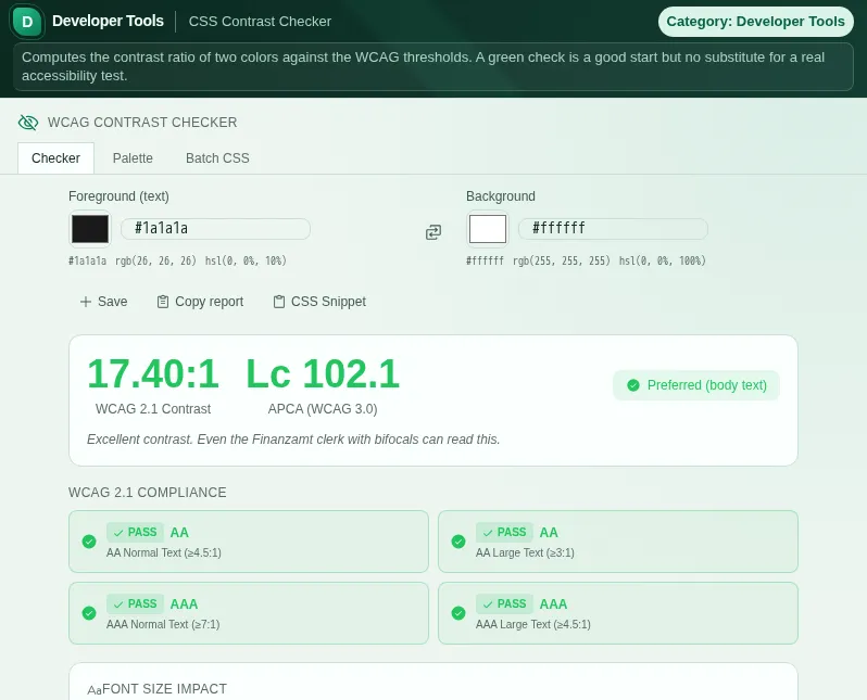 CSS Contrast Checker: screenshot of the tool with sample data