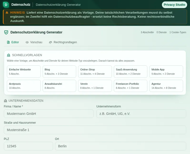 Datenschutzerklärung Generator: Bildschirmfoto des Werkzeugs mit Beispieldaten