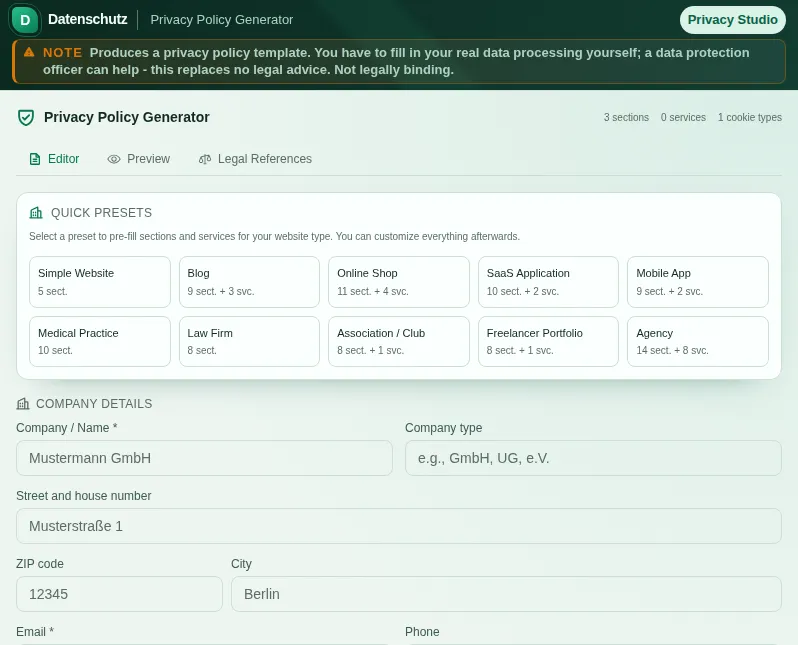 Privacy Policy Generator: screenshot of the tool with sample data