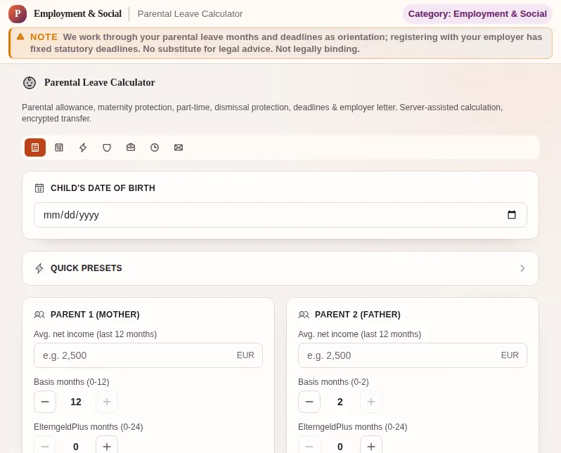 Parental Leave Calculator: screenshot of the tool with sample data