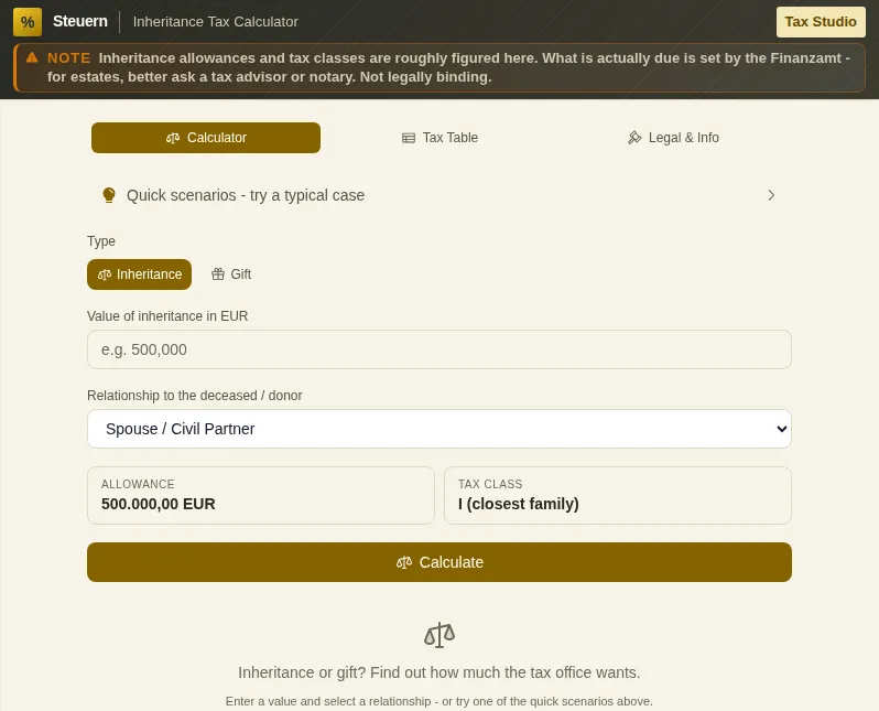 Inheritance Tax Calculator: screenshot of the tool with sample data