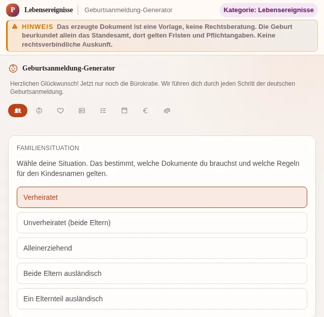 Geburtsanmeldung-Generator - Générateur de déclaration de naissance : capture d'écran de l'outil avec des données d'exemple