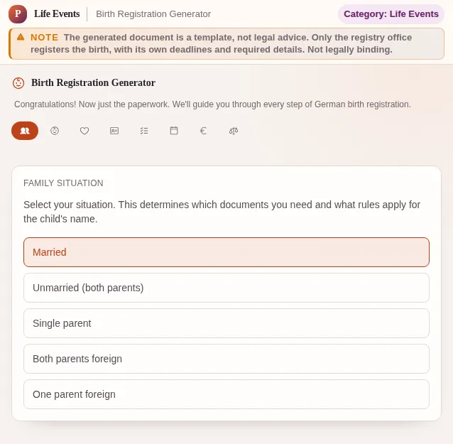 Birth Registration Generator: screenshot of the tool with sample data