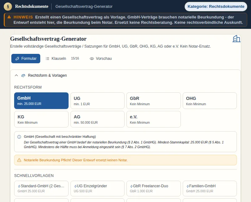Gesellschaftsvertrag-Generator - Generatore di contratto sociale: schermata dello strumento con dati di esempio