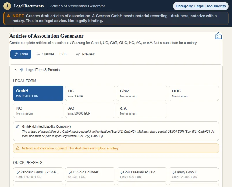 Articles of Association Generator: screenshot of the tool with sample data