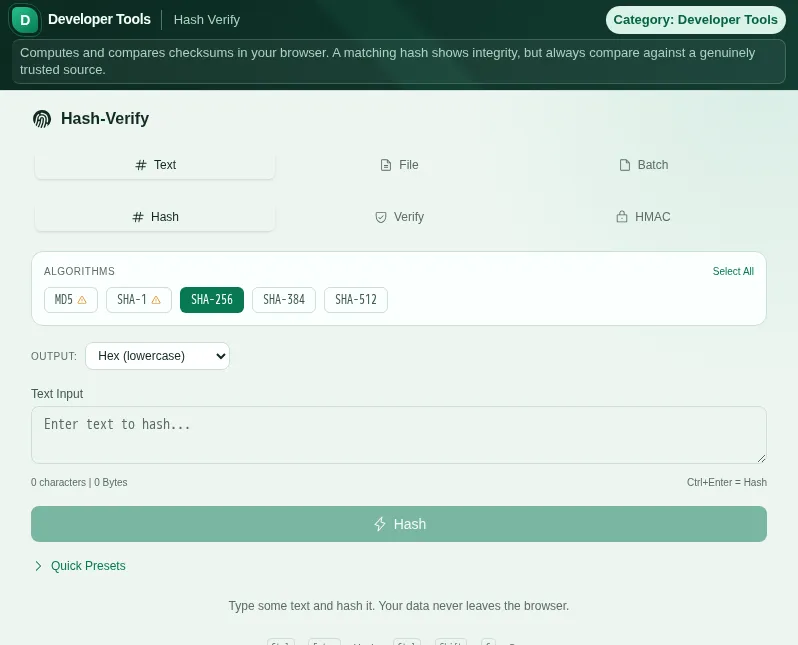 Hash Verify: screenshot of the tool with sample data