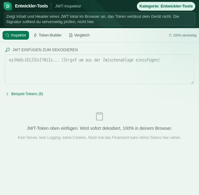 Инспектор JWT: снимок экрана инструмента с примерами данных