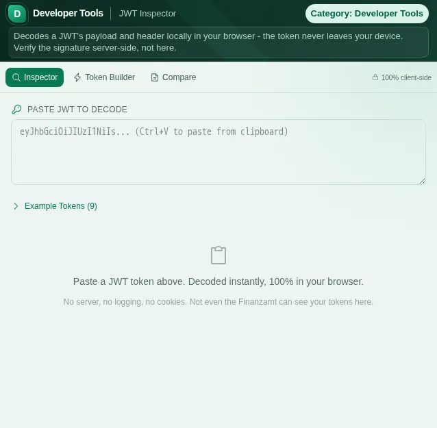 JWT Inspector: screenshot of the tool with sample data