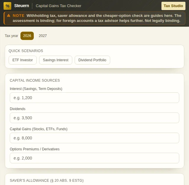 Capital Gains Tax Checker: screenshot of the tool with sample data