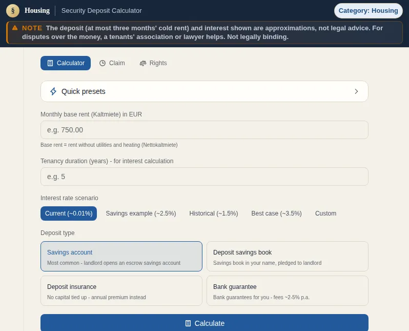 Security Deposit Calculator: screenshot of the tool with sample data