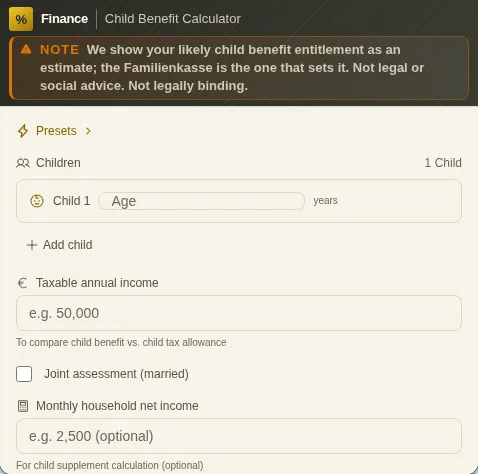 Child Benefit Calculator: screenshot of the tool with sample data