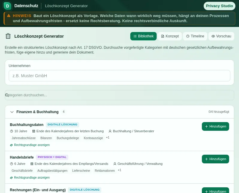 Löschkonzept Generator: zrzut ekranu narzędzia z danymi przykładowymi