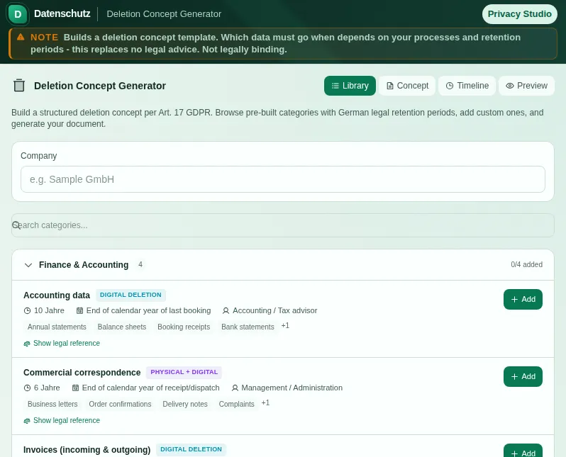 Deletion Concept Generator: screenshot of the tool with sample data