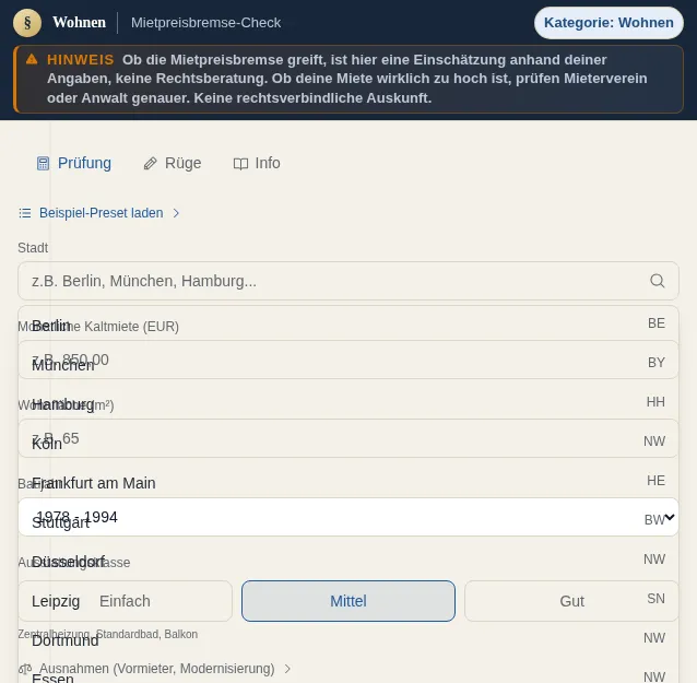 Mietpreisbremse-Check - Controllo del freno agli affitti: schermata dello strumento con dati di esempio