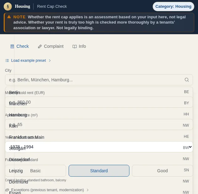Rent Cap Check: screenshot of the tool with sample data