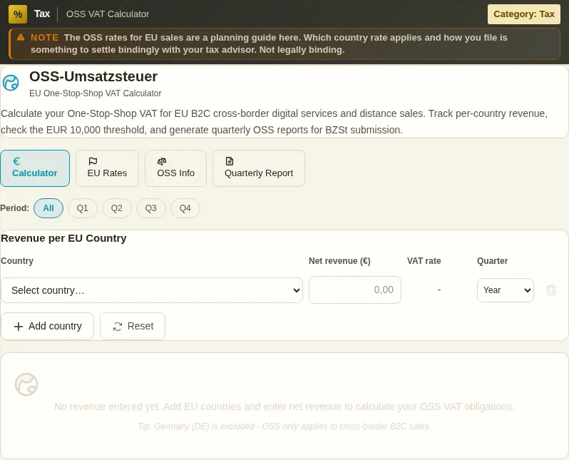 OSS VAT Calculator: screenshot of the tool with sample data