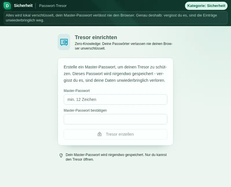 Passwort-Tresor - Coffre-fort de mots de passe : capture d'écran de l'outil avec des données d'exemple