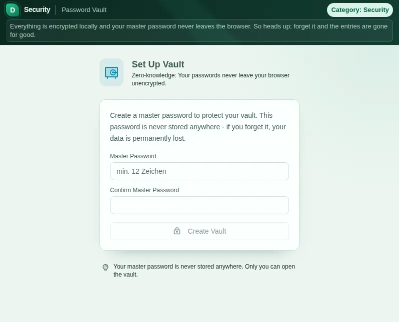 Password Vault: screenshot of the tool with sample data
