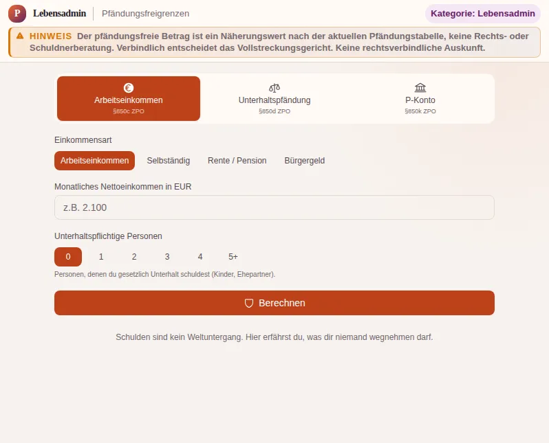 Pfändungsfreigrenzen - Seuils d'insaisissabilité du salaire : capture d'écran de l'outil avec des données d'exemple