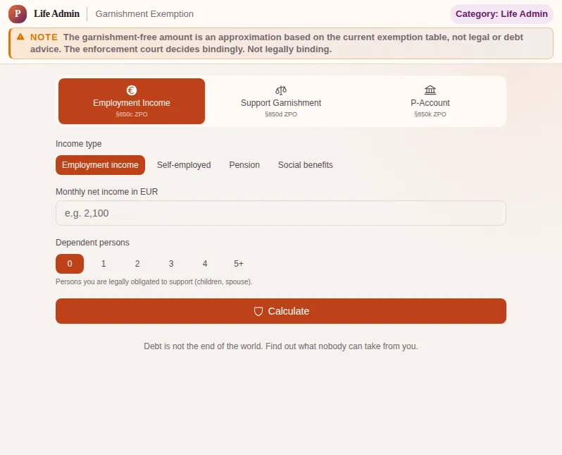 Garnishment Exemption: screenshot of the tool with sample data