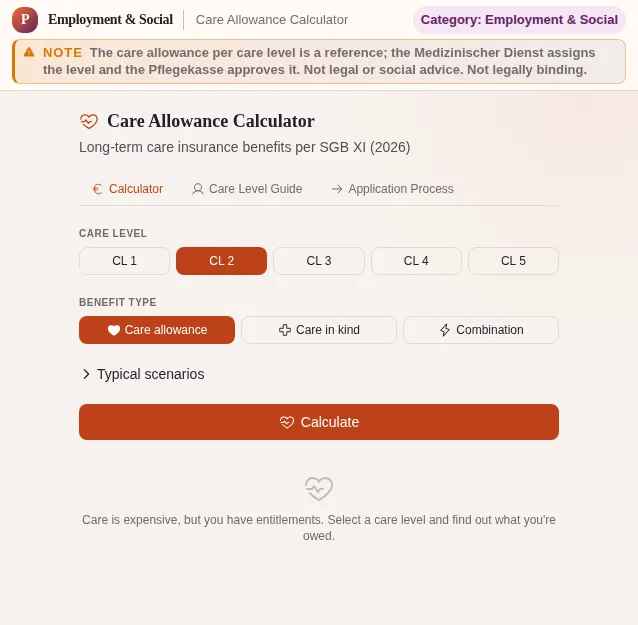 Care Allowance Calculator: screenshot of the tool with sample data