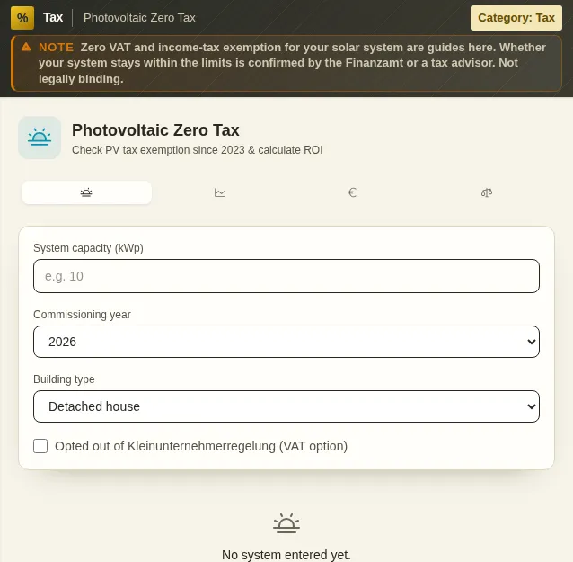 Photovoltaic Zero Tax: screenshot of the tool with sample data