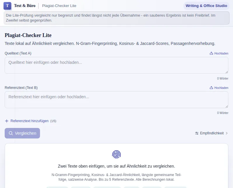 Plagiat-Checker Lite - Contrôle de plagiat Lite : capture d'écran de l'outil avec des données d'exemple