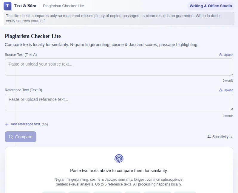 Text Comparison: screenshot of the tool with sample data