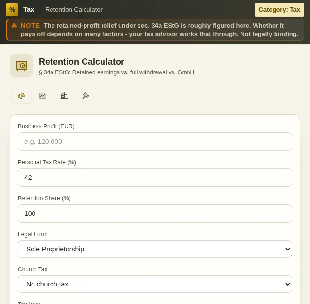 Retention Calculator: screenshot of the tool with sample data