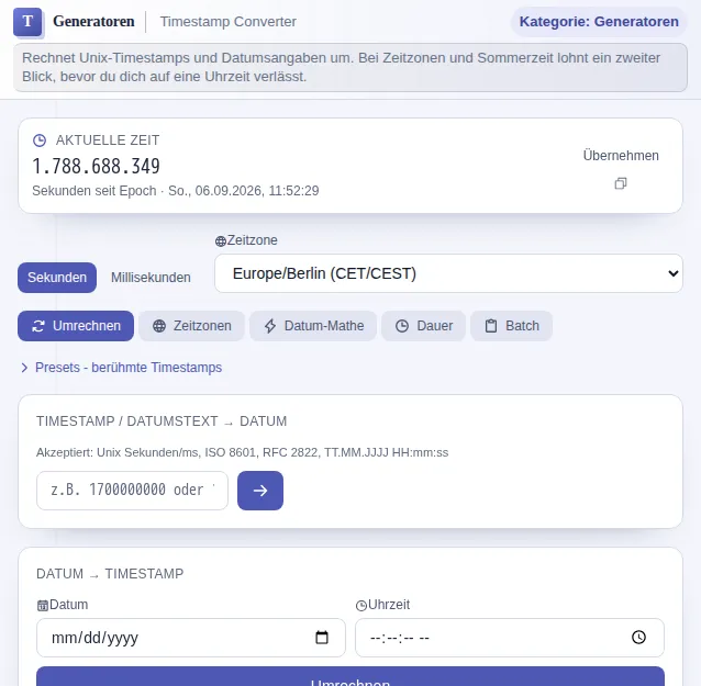 Timestamp Converter: zrzut ekranu narzędzia z danymi przykładowymi